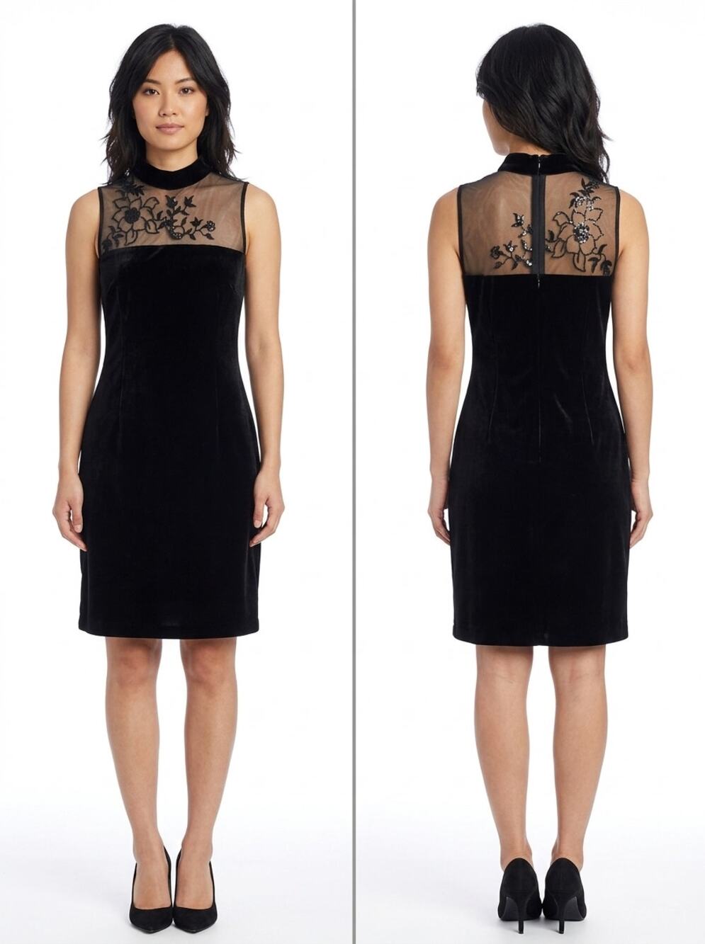 NWT Evan-Picone Black Sequin Embroidered Mesh Sheath Dress Women Size 4P
